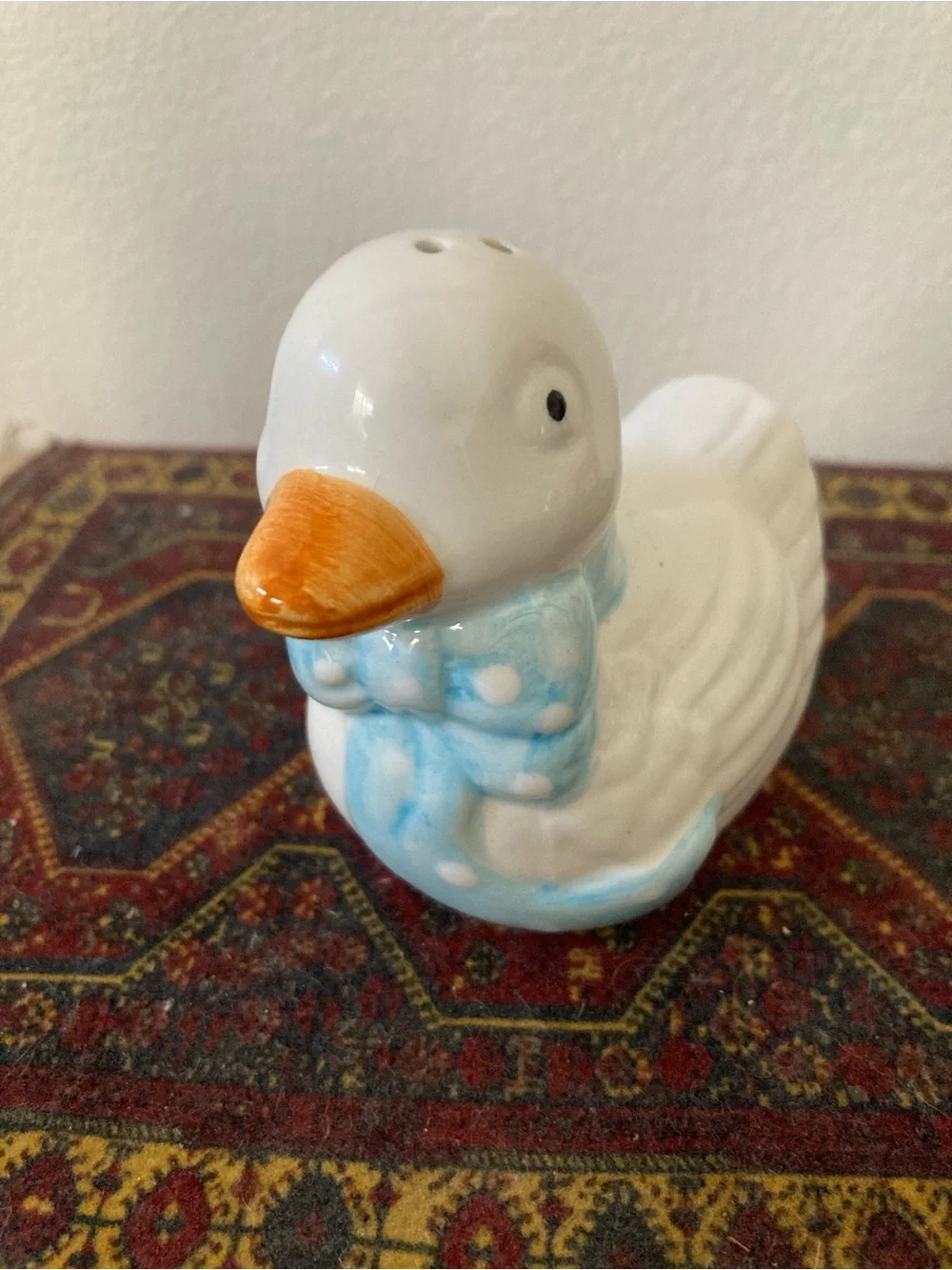 White Ceramic White Goose Pepper Shaker Duck Figurine Light Blue Scarf